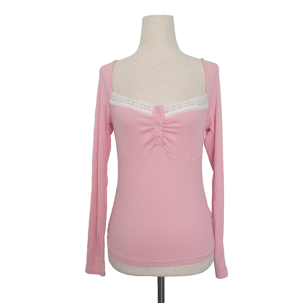 Ribbed Lace Trim Babydoll Milkmaid Top Size S Pink Dainty Coquette Feminine